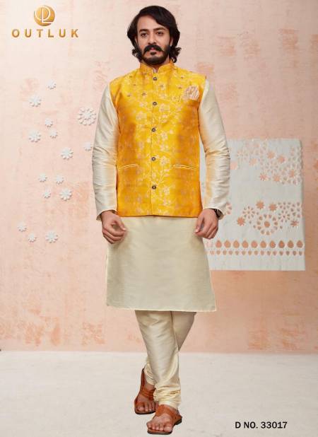 Yellow Colour Latest Design Festive Wear Art Silk Digital Printed Kurta Pajama With Jacket Mens Collection 33017